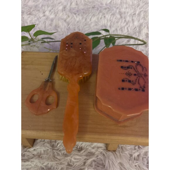 Vintage Ladies Celluloid-Bakelite Vanity  Set With Brush Scissors & Trinket Box - Picture 16 of 16